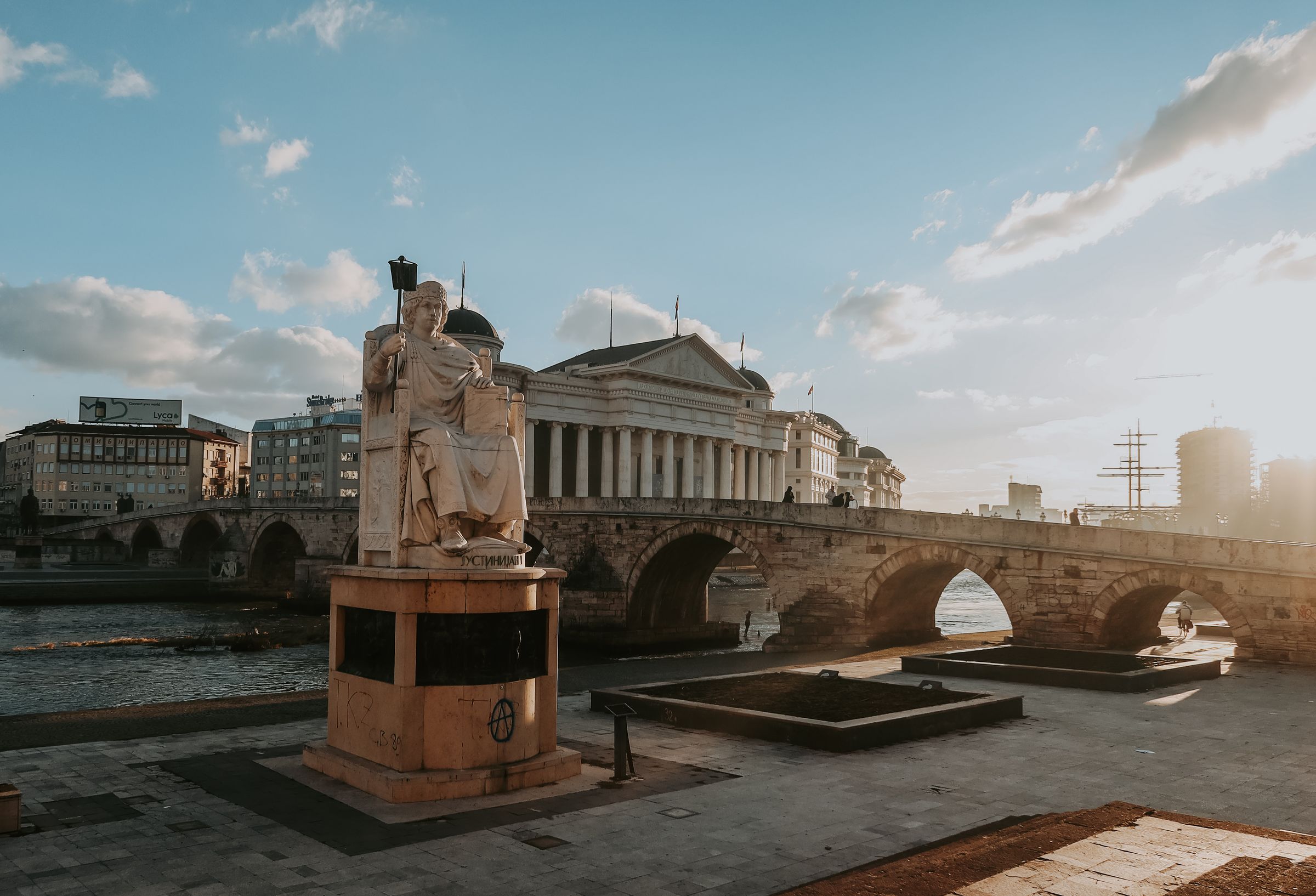 Skopje’s Stone Bridge across the Vardar River, viewed toward the Archaeological Museum